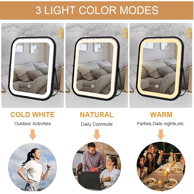 YEKKOPT Lighted Vanity Mirror, Rechargeable Travel Makeup Mirror with Lights, 10''x8'' Desk Mirror with Lights,Make up Mirror with Lighting for Makeup Desk & Dressing Room