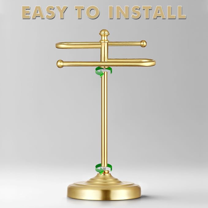 Hand Towel Stand,304 Stainless Steel Hand Towel Holder for Bathroom Kitchen Counter,14.5 Inch S-Shape Weighted Base Standing Hand Towel Rack Bar Holds 2 Towels (Gold)