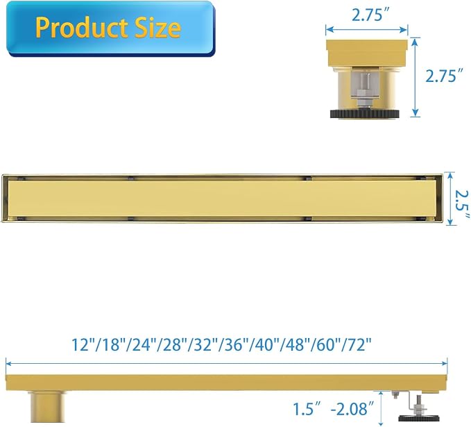 Linear Shower Drain, 60 inch Gold Drain with Tile Insert 2-in-1 Panel, Brushed 304 Stainless Steel Gold Shower Floor Drain, Linear Drain with Hair Strainer and Adjustable Feet