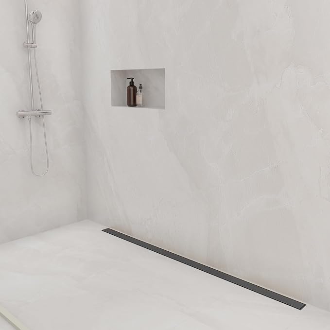 48-Inch Linear Shower Drain with Tile Insert Grate, SUS 304 Stainless Steel Linear Drain, Matte Black Long Rectangle Shower Floor Drain with Leveling Feet, Hair Strainer, Fits Bathroom