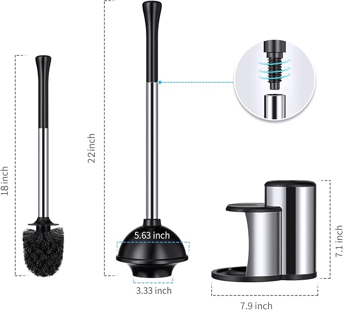 HAMITOR Toilet Plunger Bowl Brush Set: Hideaway Heavy Duty Toilet Plunger Scrubber Cleaner Holder Combo for Bathroom with Covered Caddy Hidden Elongated Discreet Apartment Plunger Brush Accessories