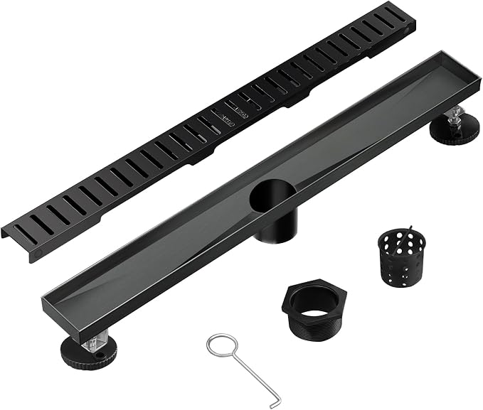 36 Inch Linear Shower Drain, Brushed SUS 304 Stainless Steel,Black | Capsule Drain with Removable Capsule Cover, Linear Drain with Hair Strainer and Adjustable Feet,Bathroom Shower Renovation