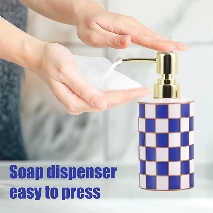 Bathroom Toothbrush Holder Set, Ceramic Checkered Soap Dispenser and Tooth Brush Holder Set, Modern Bathroom Accessories Sets Countertop, Black and White Checkered Bathroom Decor Set (Blue)