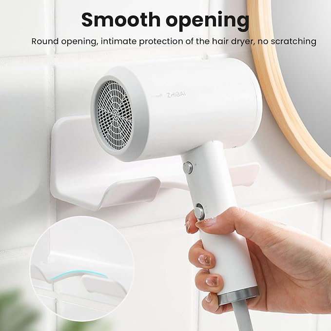 Hair Dryer Holder Wall Mount, Upgraded Stainless Steel, White, Round, 4.53 x 3.74 x 2.17 Inches, Dual Installation Methods (Screw Mounted & Glue Installed), Maximum Diameter 2.3 Inch