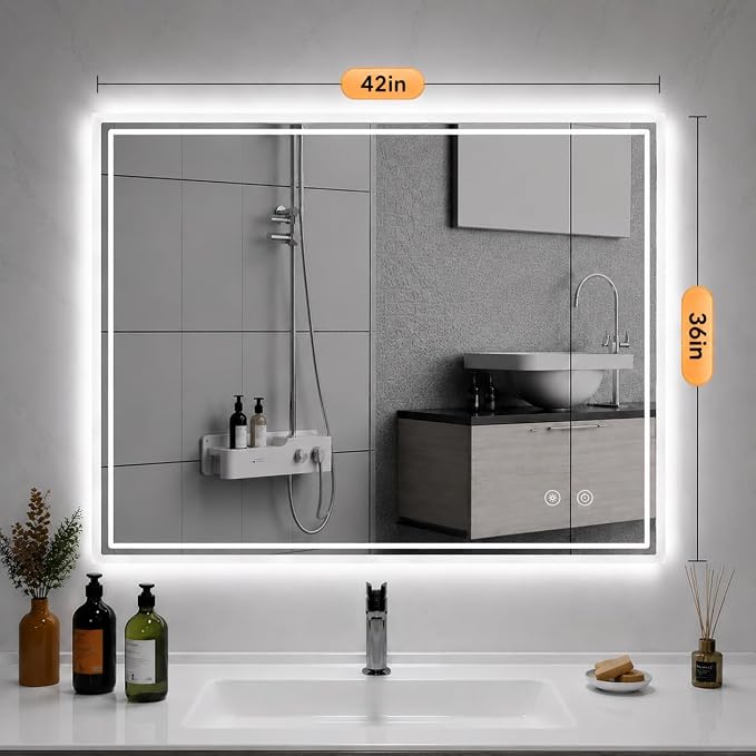 LED Mirror for Bathroom, 36"x42" Lighted Vanity Mirror with Anti-Fog, IP44 Waterproof, 3 Colors Dimmable, Backlit, Memory Function, Touch Control Wall Mount Bathroom Mirror, Horizontal/Vertical