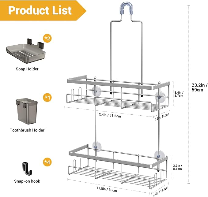 Hanging Shower Caddy Over Showerhead - Rustproof No Drill Shower Organizer | Includes Soap Holder and Hooks for Shampoo, Conditioner, and Bathroom Essentials with Quick Drainage Design