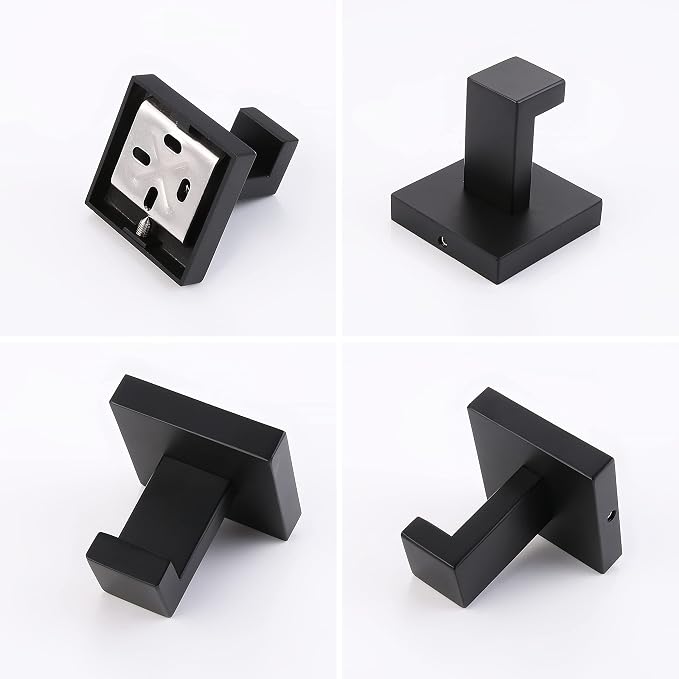 2 Pack Matte Black Bathroom Towel Hook Stainless Steel, Square Towel Robe Coat Hook Wall Mounted Toilet Kitchen Heavy Duty Door Hanger