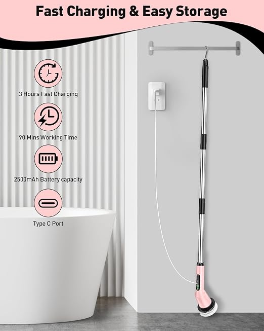 Electric Spin Scrubber for Bathroom, Shower Scrubber with Long Handle | Shower Cleaner Brushes, IPX7 Waterproof & 2 Speed, 8 Brush Heads, 90min Runtime, Bathroom Cleaning Supplies for Toilet Tub