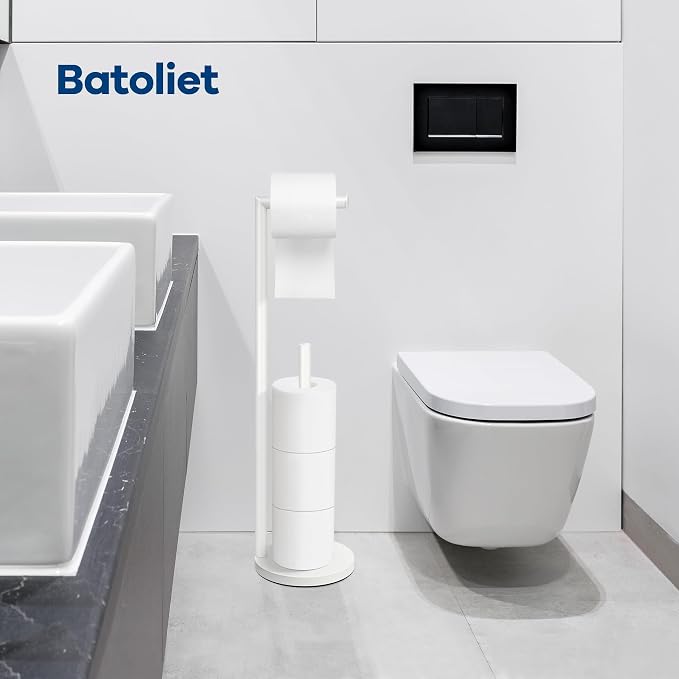 Toilet Paper Holder Stand, Bathroom Free Standing with Storage, White | Rustproof Toilet Paper Roll Holder for 4 Rolls,with Non-Slip Stable Base,Bathroom Organizers and Storage