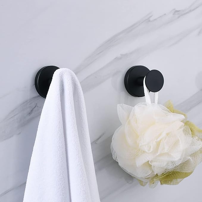 NEWRAIN Bathroom Towel Hooks, 2 Pack Towel Holder for Bathroom Wall, Cabinet Closet Door, Kitchen, Bedroom, Hotel - Modern Design Effortless Mounting Towel Hangers, Robe Hook Matte Black