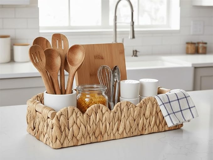 Kriitools Wicker Bathroom Basket Tray Organizer w/Scalloped for Toilet Paper, 2PCS Rattan Decorative Basket for Bathroom Decor, Farmhouse Home Decor, Living Room and more, Natural Water Hyacinth