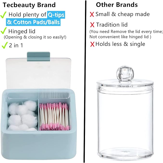 Tecbeauty 2pcs Qtips Holder - Middle Divider Cotton Pads Storage Dispenser Bathroom Organizer with Clear Hinged Lids for Cotton Balls Swabs Rounds - Blue & Pink