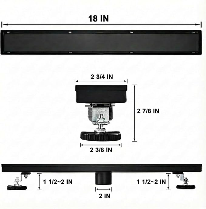 AVSIILE Linear Shower Floor Drain, Black 18 Inch 304 Stainless Steel Bathroom Drains Kit, Rectangular Shower Trench Drain with Reversable Tile-in Pattern Drain Cover & Hair Catcher