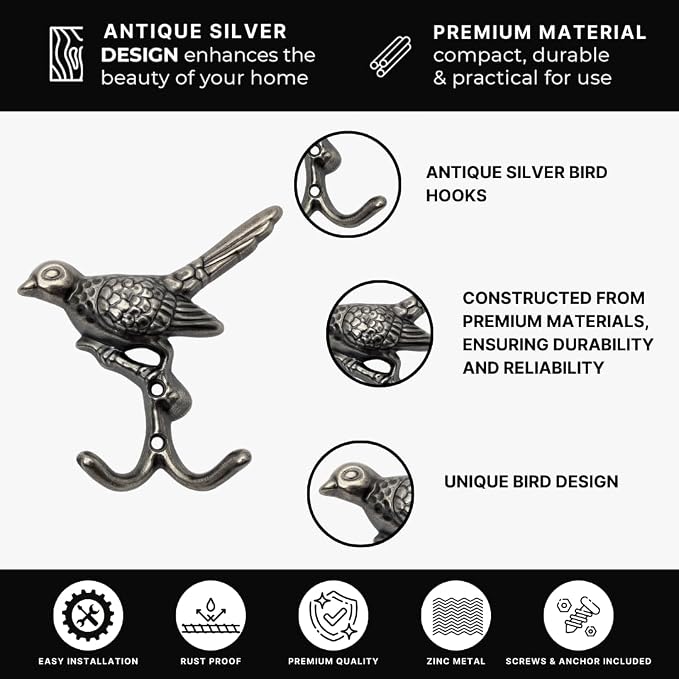 12 pcs Antique Silver Bird Decorative Wall Hooks for Hanging Coats, Keys, Towels, Bags, and More