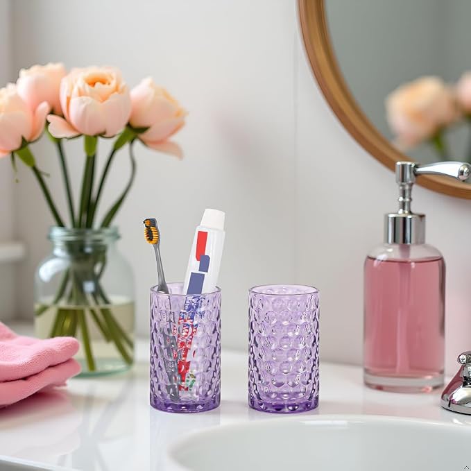 Bathroom Toothbrush Holder Set, 11oz Purple Glass Toothbrush Holder and Bathroom Tumbler Cup Set, Decorative Countertop Storage Cups Organizer for Toothpaste, Brushes
