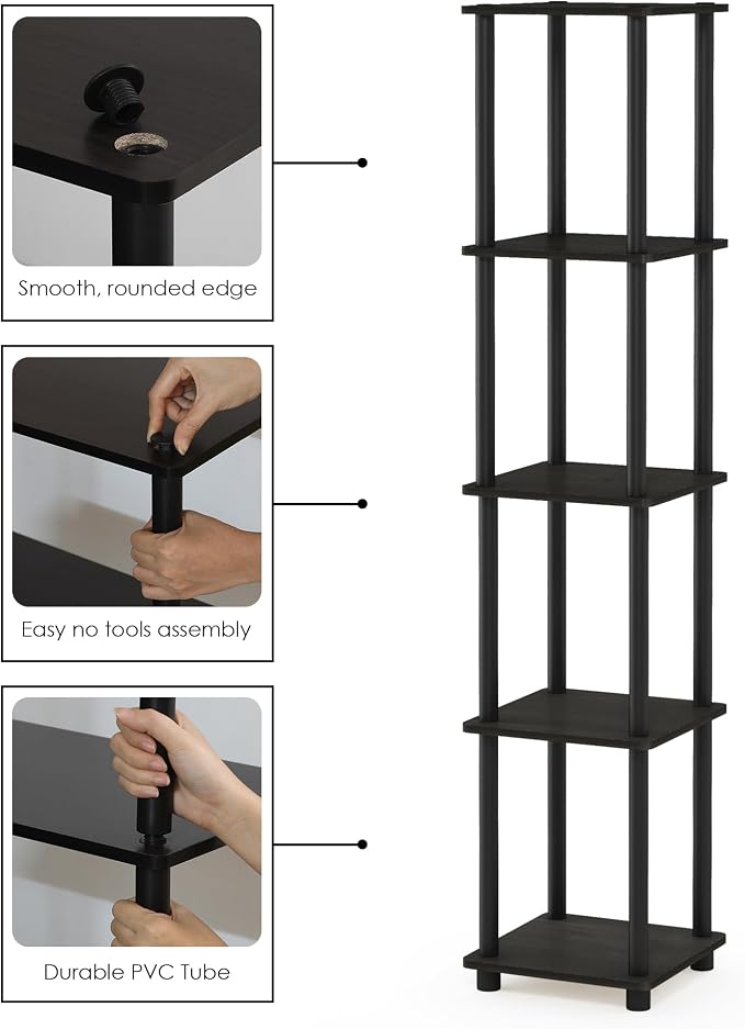 FURINNO Turn-N-Tube 5-Tier Corner Square Rack Display Shelf, Round, Espresso/Black
