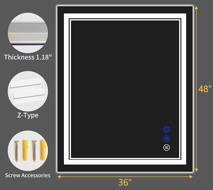 48"x36" LED Bathroom Mirror with Lights,Anti-Fog,3 Color Modes