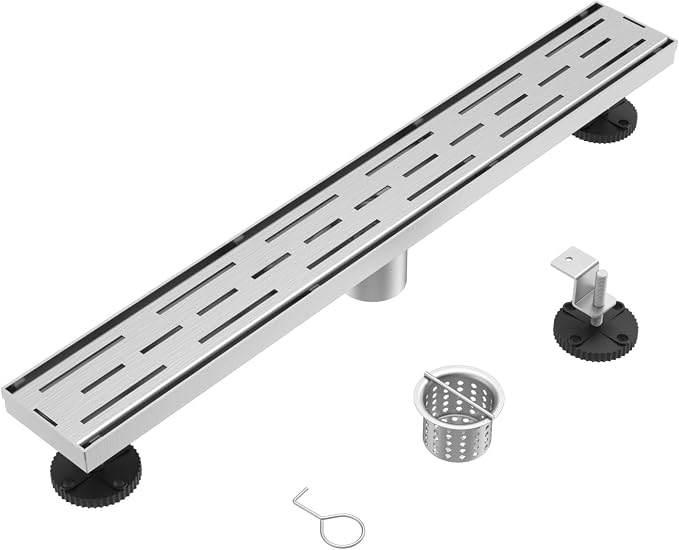 ELLO&ALLO 28 Inch Linear Shower Drain Brushed Nickel, SUS304 Stainless Steel Rectangle Shower Floor Drain with Removable Pattern Grate