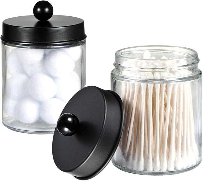 Amolliar 6Pc Apothecary Jars Bathroom Vanity Organizer- Rustic Farmhouse Decor Storage with Stainless Steel Lids- Qtip Dispenser Holder for Q-Tips, Cotton Swabs, Rounds, Ball, Flossers (Black)
