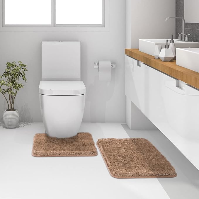 MIULEE Light Brown Bathroom Rugs Set 2 Piece Soft Bath Mats 20x24+20x30 in | Absorbent Microfiber Bath Mat and U-Shaped Toilet Rug, Non Slip, Quick Dry, for Bathroom Floor Tub Showers, Machine Washable