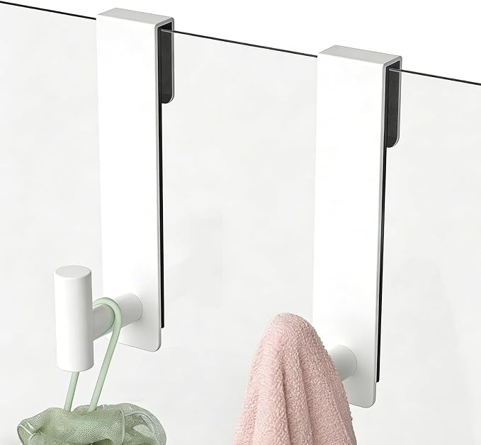 PMMASTO Shower Door Hooks, (7.5 Inch) Extended Towel Hooks for Bathroom Frameless Glass Shower Door, Stainless Steel Heavy Duty Hooks (White, T Shape-Fits 3/8" Thick Door)