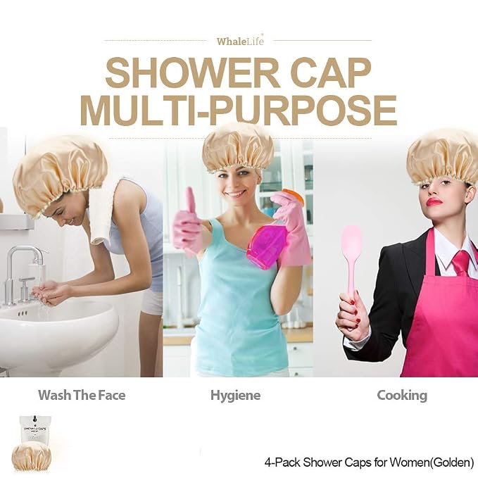 Shower Caps Satin Lined Waterproof for Women Men - 4Pc Golden | Double Layer 100 Percent Dry Jumbo Oversized Fits Thick Hair Smooth Lining Prevents Hair Frizz Snug Elastic Band No Pressure