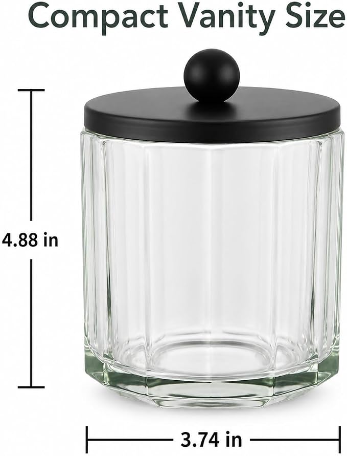 Sage Green Translucent Apothecary Octagional Shaped Glass Canister Jar With Black Metal Lid Cover for Bathroom Organization, Cotton Balls, Q Tips, and Small Accessories, Bathroom Storage