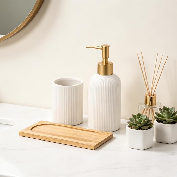 RETON 3 PCS Ceramic Bathroom Accessories Set with Natural Bamboo Tray-White | Included Hand Soap Dispenser, Toothbrush Cup and Bamboo Tray, Fits Bathroom Countertop, Bath Countertop Decor Organizer