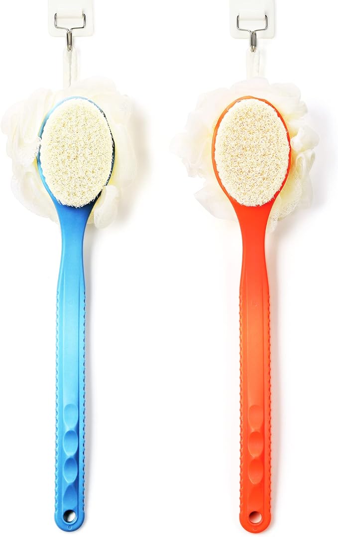 Shower Body Brush Bristles & Mesh Loofah Sponge,Curved Handle Back Scrubber | Long Handle Bath Brush with Mesh Sponge for Skin Exfoliating,Massage Bristles Suitable for Wet or Dry,Men & Women (Orange)