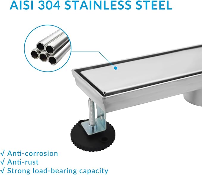 36 Inch Linear Shower Drain Silver Floor Drain for Bathroom Kitchen Rectangular 2 in 1 Floor Drain Tile Insert Cover 304 Stainless Steel Easy Install with Hair Strainer, Adjustable Leveling Feet