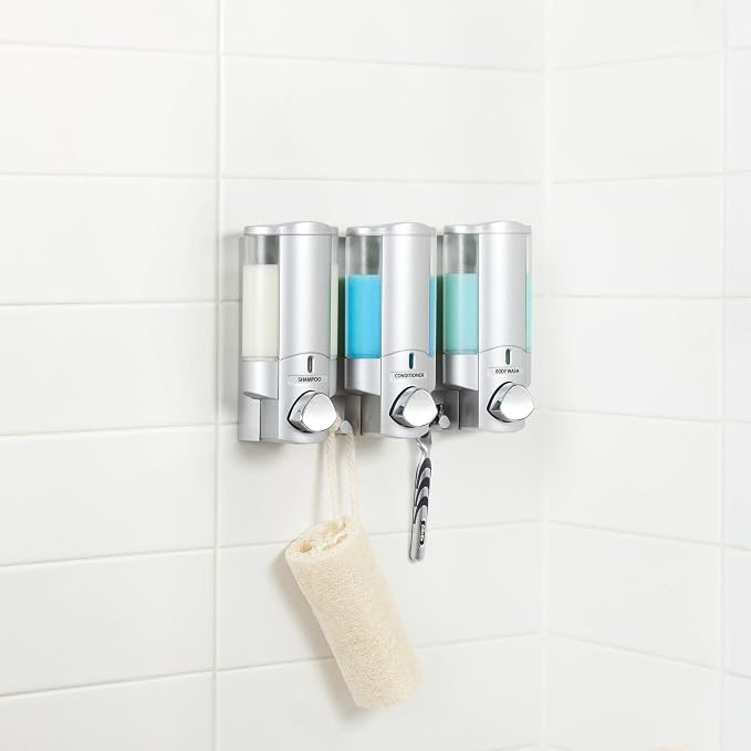 Better Living Aviva Wall Mount Shower Dispenser, 3 x 11 oz, Satin Silver | 3 Chamber, Shower Dispenser for Bathroom, Built-in Hooks, No Drill, Waterproof Dispenser Pump
