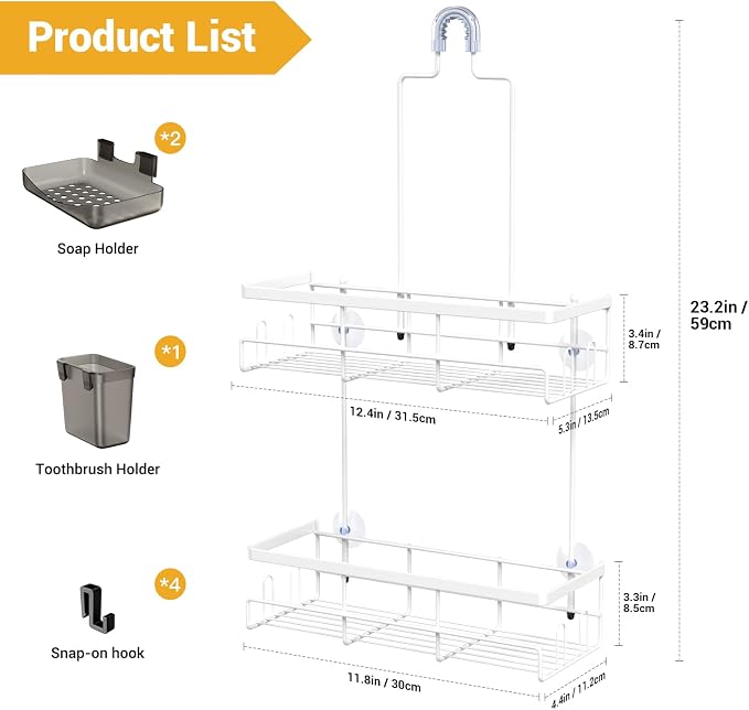 Hanging Shower Caddy Over Showerhead - Rustproof No Drill Shower Organizer | Includes Soap Holder and Hooks for Shampoo, Conditioner, and Bathroom Essentials with Quick Drainage Design