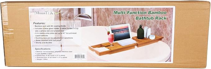 Moclever Bathtub Caddy Trays - Premium Bamboo Bath Trays with Extending Sides, Reading Rack, Tablet Holder, Cell Phone Tray and Luxury Wine Glass Holder - Natural Bamboo Color