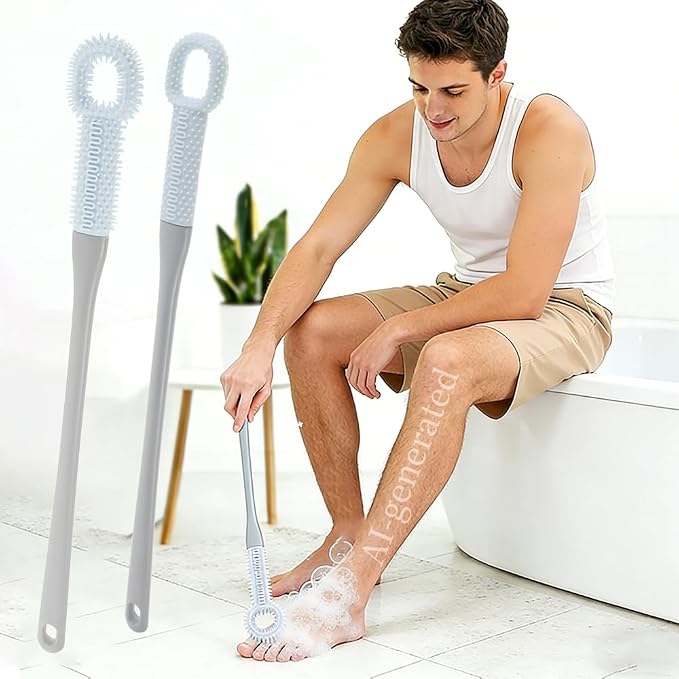 2 Pack Foot Brush in Shower, Extended Handle Foot Scrubber, Soft Rubber for Cleaning Dead Skin, Dense Foam Toe Cleaning with Hanging Storage,Scrub Brush for Senior, Pregnant, Men, Women(Blue)