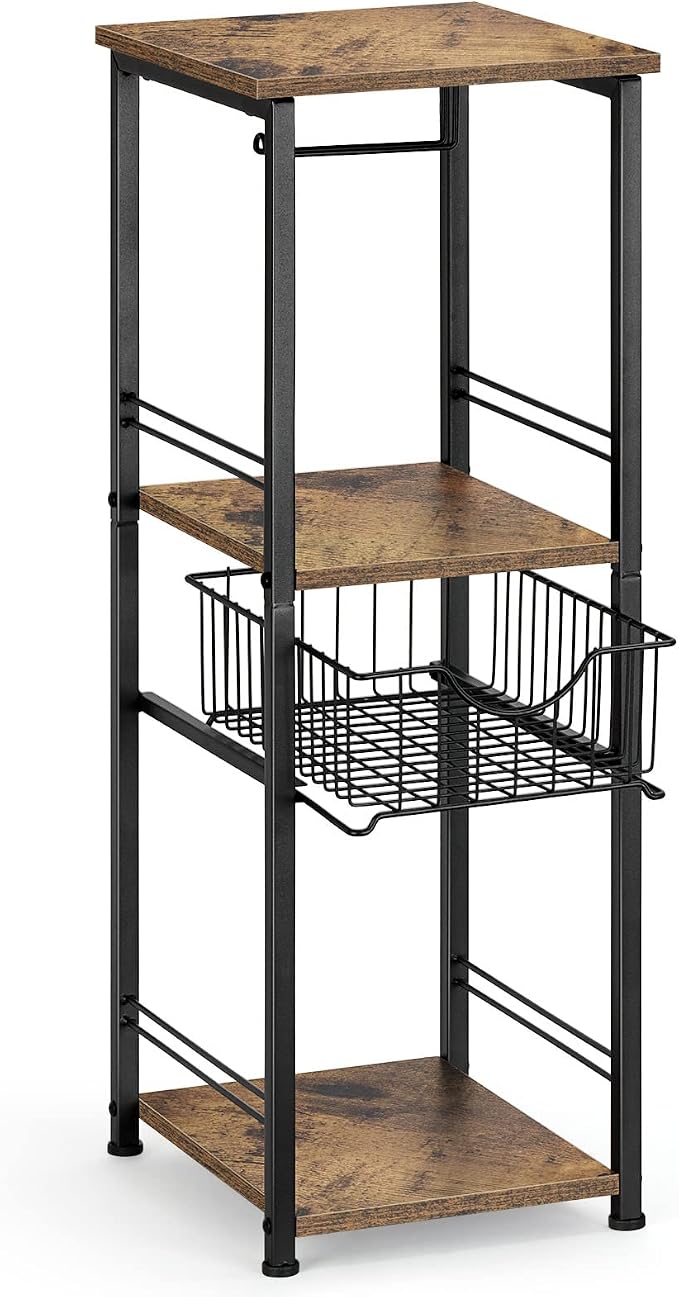 OYEAL Small Bathroom Floor Storage Cabinet 3 Tier Corner Storage Organizer with Drawer Freestanding Bathroom Towel Storage Unit for Small Space Laundry Room Entryway Kitchen, Rustic Brown