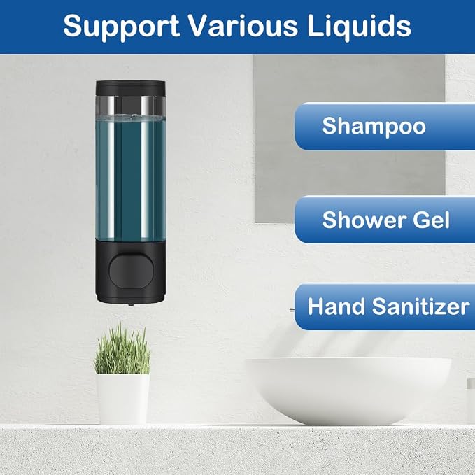 Wall Mounted Hand Soap Dispenser, 1 Chamber, 10oz/300ml Single Black Shampoo and Conditioner Dispenser, Bathroom Shower Dispenser Gel Container Dispenser and Organizer for Bathroom Kitchen Hotel