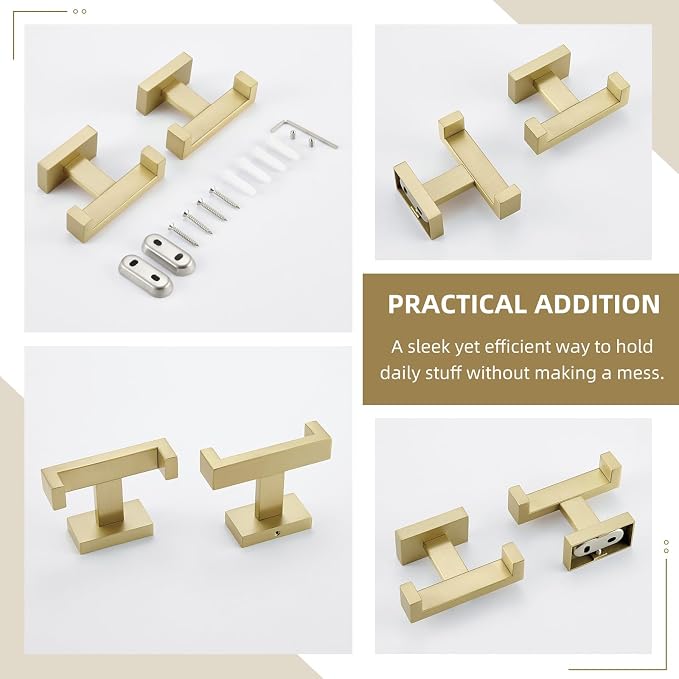 Angle Simple Double Towel Hook, SUS304 Stainless Steel Hand Towel Holder, Bathroom Robe Coat Hook for Wall, Brushed Gold, 2 Pack