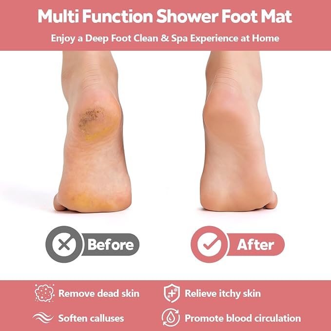 21"×14" Large Shower Foot Scrubber Mat, Silicone Feet/Back Exfoliating Cleaner with Suction Cups, Foot Massage Bath Pad for Dead Skin Removal, No Bending Over Soft Bristle Bath Mat