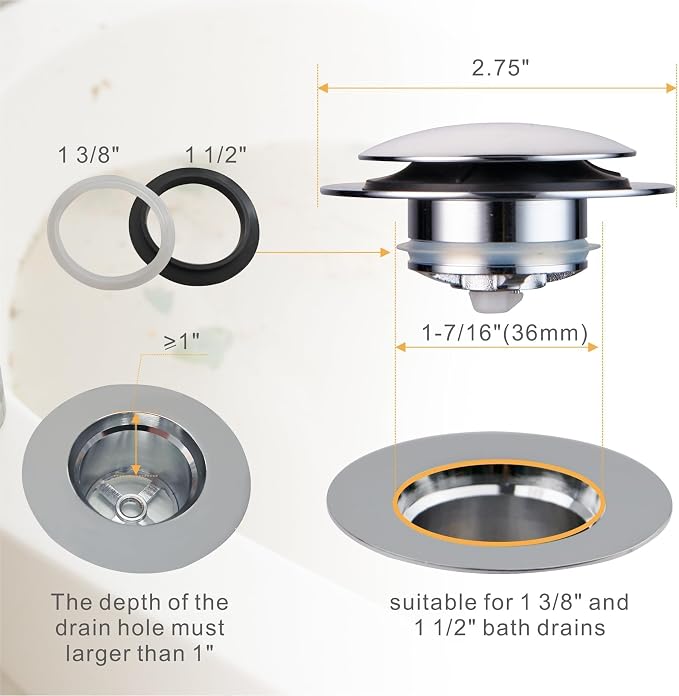 Wellup Universal Pop Up Tub Drain Stopper Replacement Chrome Tip Toe, Lift and Turn for Bathtub, EZ Chrome Plated Bath Plug Stopper
