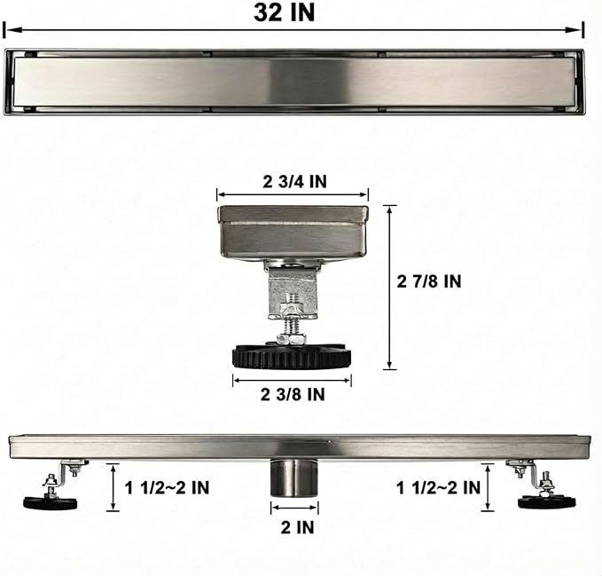 AVSIILE Linear Shower Floor Drain, 32 Inch Brushed Nickel 304 Stainless Steel Bathroom Drains Kit, Rectangular Shower Trench Drain with Reversable Tile-in Pattern Drain Cover & Hair Catcher