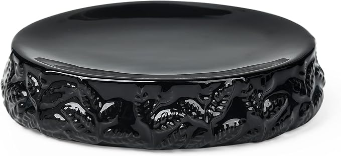 Ceramic Embossed Leaves Bathroom Accessories Set, 4 Piece Bathroom Ensemble Set with Toothbrush Holder, Toothbrush Cup, Soap Dispenser, Soap Dish(Black)