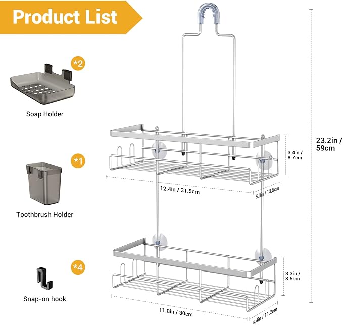 Hanging Shower Caddy Over Showerhead - Rustproof No Drill Shower Organizer | Includes Soap Holder and Hooks for Shampoo, Conditioner, and Bathroom Essentials with Quick Drainage Design
