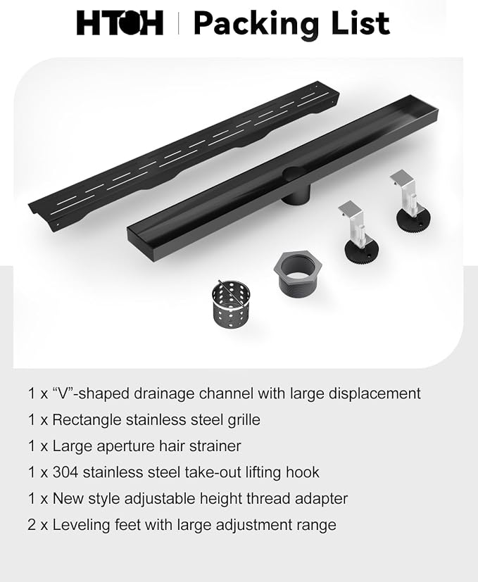Shower Drain Stainless Steel for Bathroom: Black Linear Shower Drain 28 Inch with Removable Brick Pattern Grate - Adjustable Rectangular Shower Floor Drain with Hair Strainer (Matte Black)
