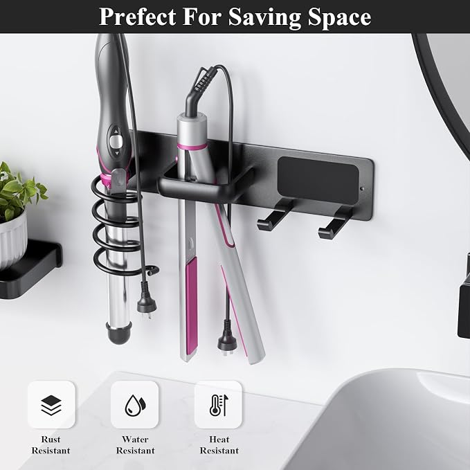 Tindbea Hair Dryer Holder Wall Mount Aluminum Alloy Hot Tools Organizer | Heavy Duty, Matte Black
