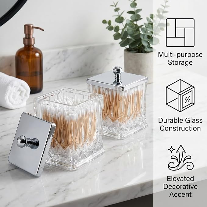 2 Pack Glass Qtip Holder Dispenser Set,Square Bathroom Apothecary Jars with Silver Metal Lid for Cotton Swabs,Balls, Pads, Floss Picks, Vanity Storage Container for Makeup,Candy, Jewelry(15 Oz, Clear)