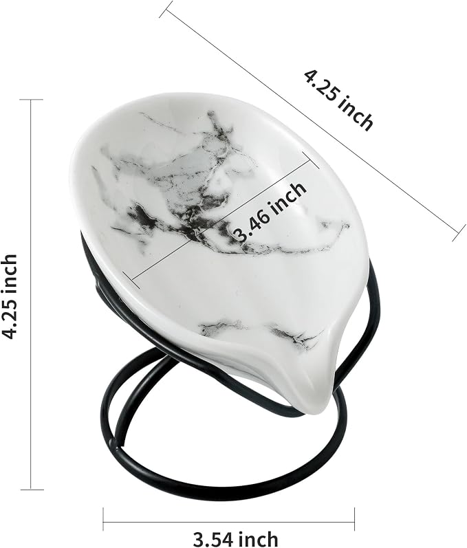 Dobbyby Leaf-Shaped Soap Dish – Premium Ceramic Soap Bar Holder with Self-Drainage System – Bar Soap Holder for Shower, Bathroom Sink, Kitchen – Waterfall Soap Dish with Stainless Steel Stand (Black)