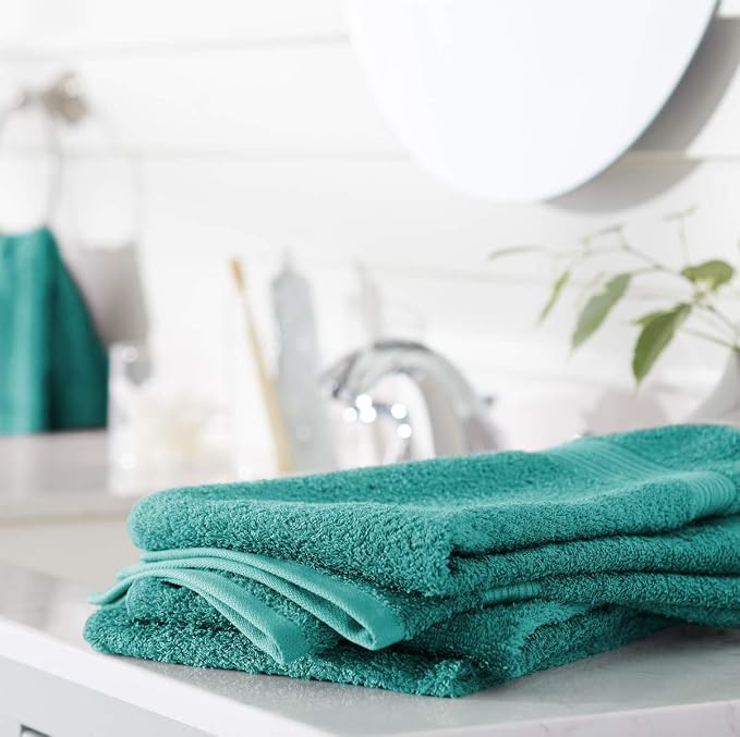 Amazon Basics Fade-Resistant 100% Cotton Hand Towels for Bathroom, Soft Absorbent, 26 x 16 inches, Teal, 6-Pack