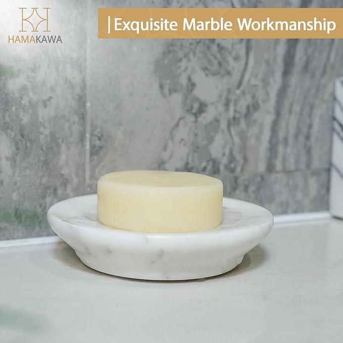 Natural Marble Soap Dish, Round White Jewelry Dish 4.5 Inch, Limestone Shower Soap Holder, Modern Stone Sponge Holder with Beveled Edge, Bar Soap Saver Tray for Bathroom, Kitchen
