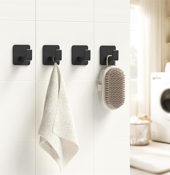 GWAAZXGZ Square Self Adhesive Towel Hooks - 2 Pack Matte Black Metal Hooks, Right-Angle Design for Towels, Robes & Hats, Organize Bathroom, Kitchen, Entryway, Doors, Cabinets on Smooth Surfaces