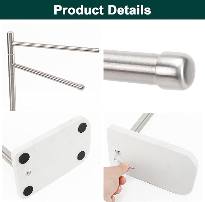 Hand Towel Holder, F-Shape Hand Towel Stand with Marble Base, Stainless Steel Swivel Hand Towel Rack Standing Towel Bar for Bathroom Kitchen Countertop, 2 Arms (Brushed Nickel)